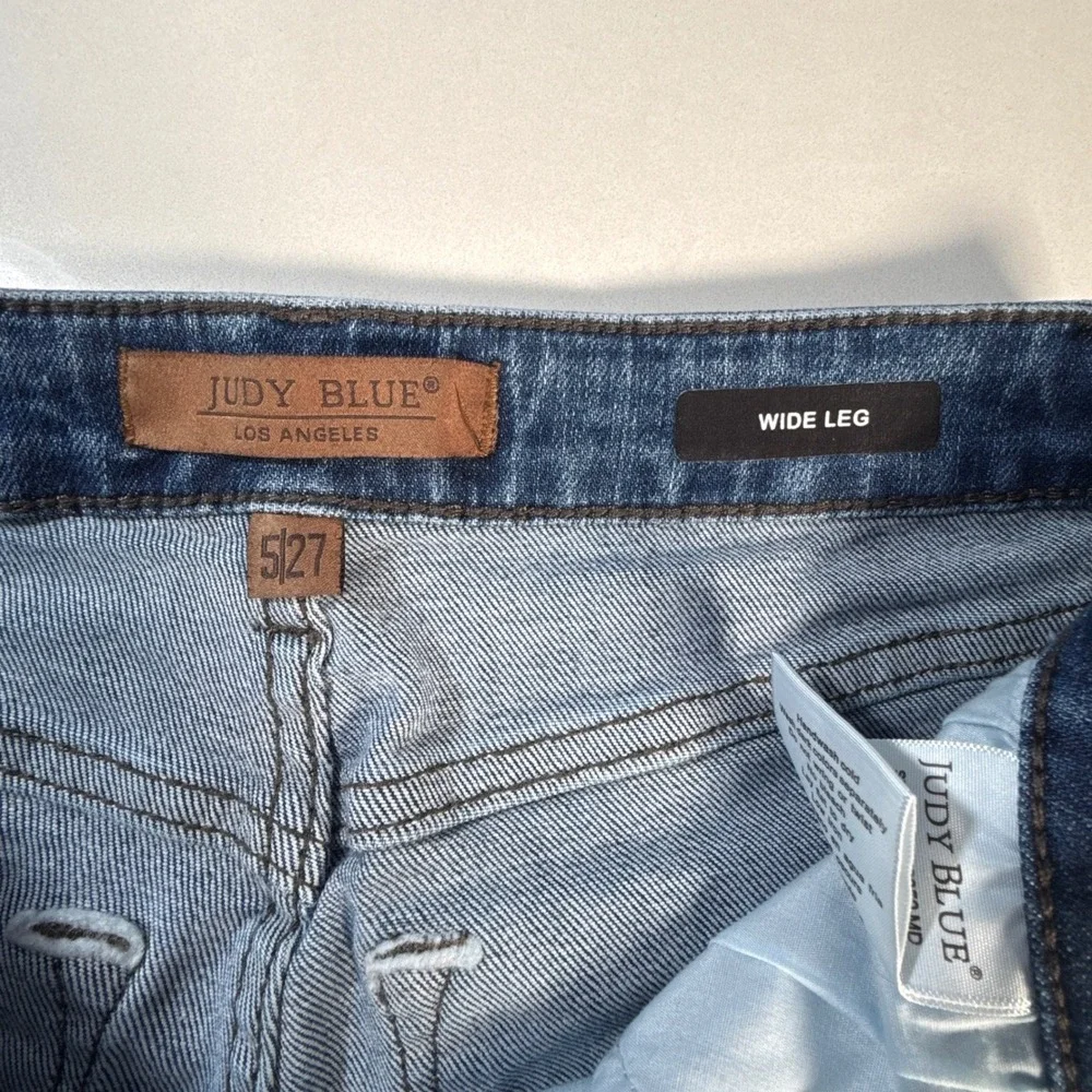 Judy Blue Wide Leg Jeans Womens 5/27 Blue Excellent Braided Side Seam Stretch